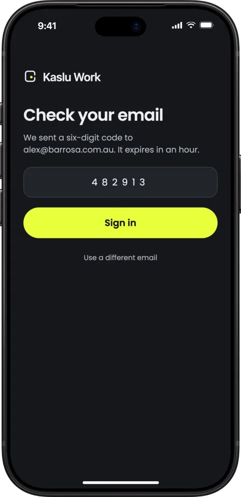 Staff app screen asking for the six-digit code sent to the email address, with a Sign in button.